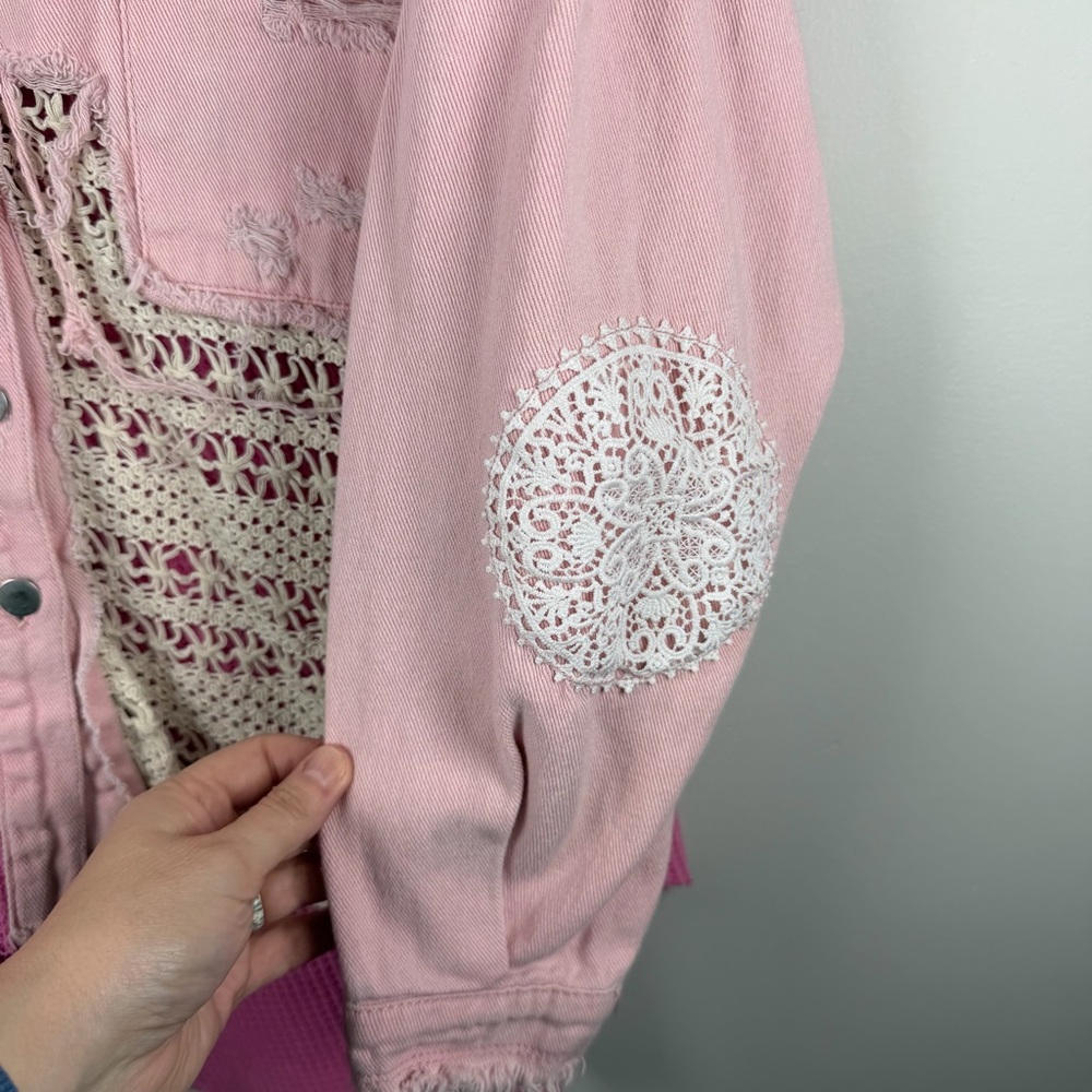 Pol Pink Patchwork Distressed Shacket Grunge Croc… - image 3